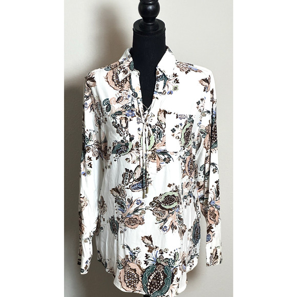 Chico Women's Long Sleeve Blouse Size (0) Paisley Collard Blouse - Picture 16 of 16